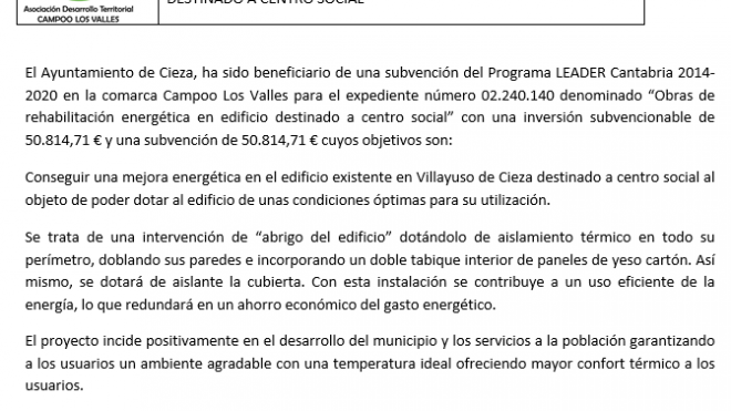 Obras de Rehabilitacion Energética en edificio destinado a Centro Social
