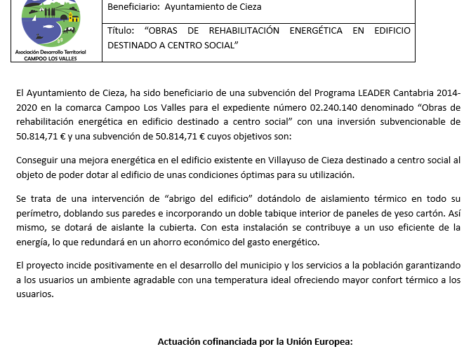 Obras de Rehabilitacion Energética en edificio destinado a Centro Social