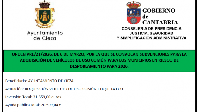 SUBVENCION ADQUISICION VEHICULO DE USO COMUN.- ORDEN PRE/21/2026