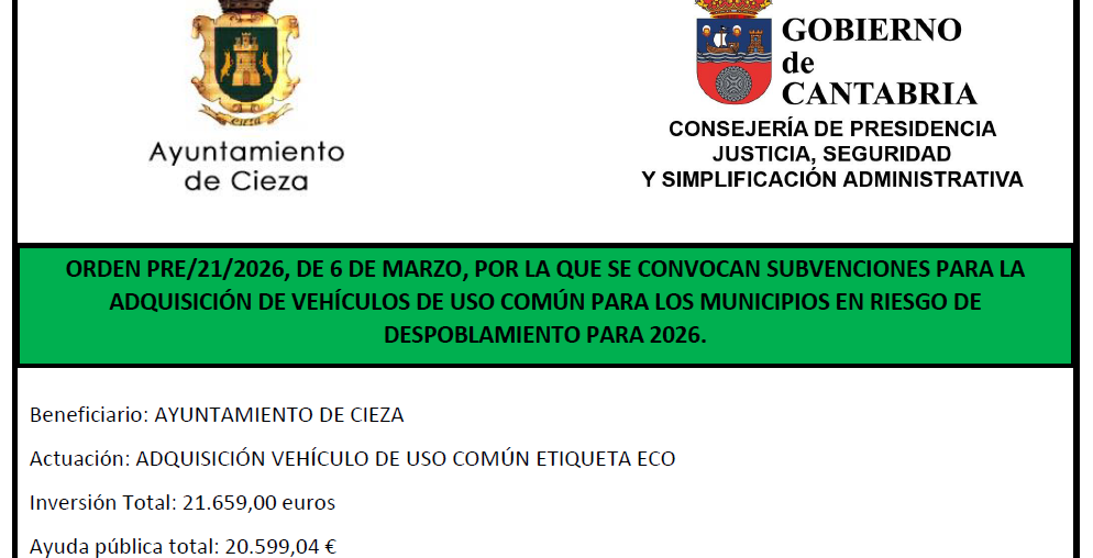 SUBVENCION ADQUISICION VEHICULO DE USO COMUN.- ORDEN PRE/21/2026